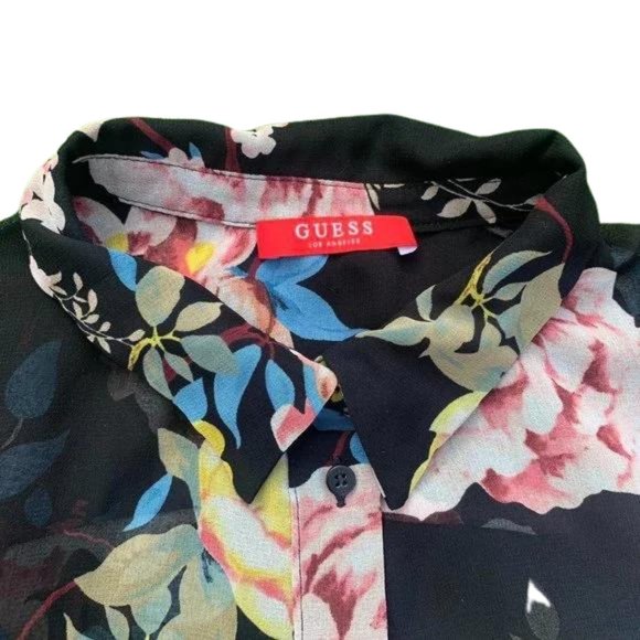 Guess Ladies Floral Mesh Shirt Long Sleeve Blouse Black Sz 8 Summer Button Down - Picture 2 of 7